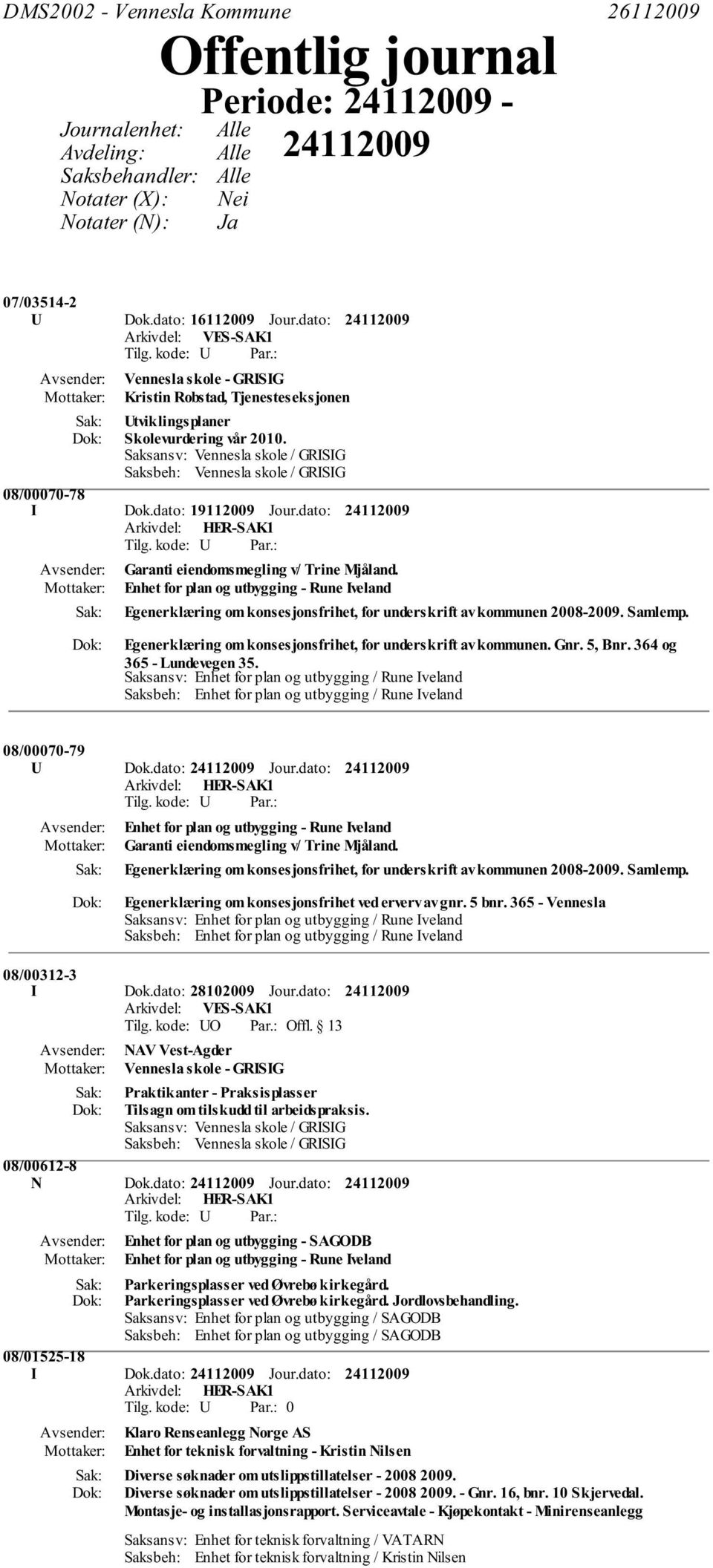 Saksansv: Vennesla skole / GRISIG Saksbeh: Vennesla skole / GRISIG 08/00070-78 I Dok.dato: 19112009 Jour.dato: Garanti eiendomsmegling v/ Trine Mjåland.