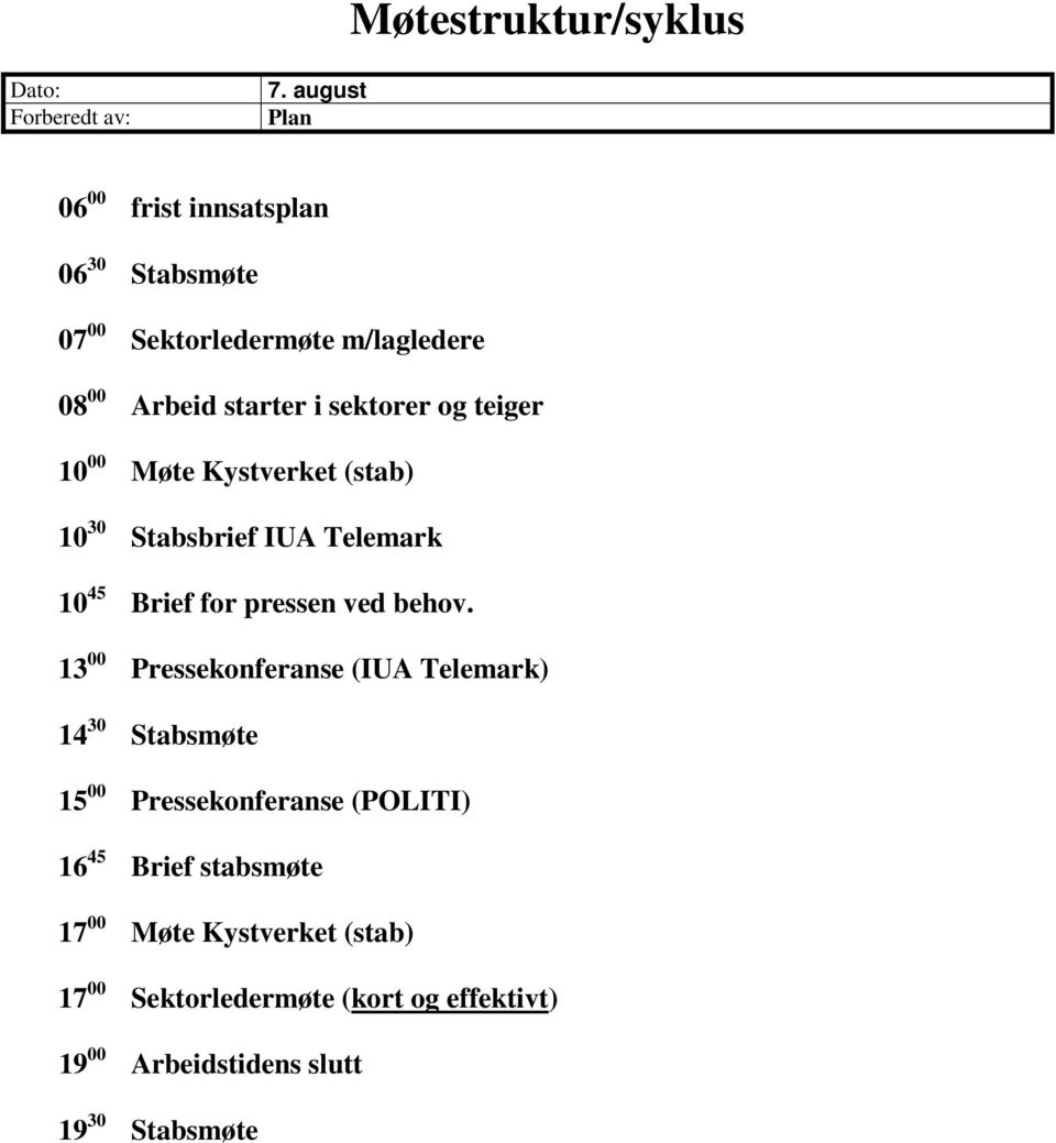 teiger 10 00 Møte Kystverket (stab) 10 30 Stabsbrief IUA Telemark 10 45 Brief for pressen ved behov.