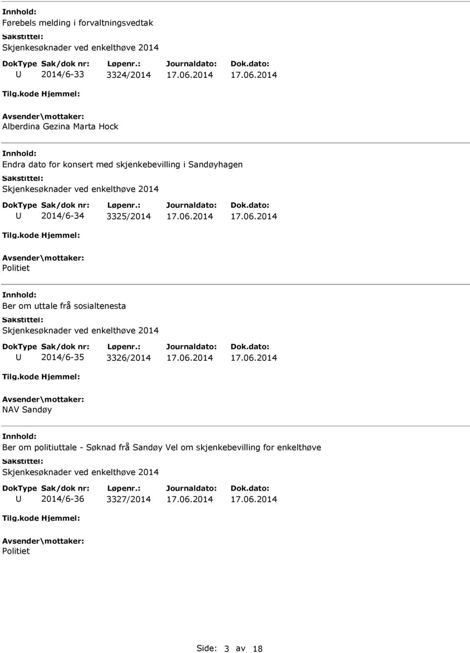 Ber om uttale frå sosialtenesta Skjenkesøknader ved enkelthøve 2014 2014/6-35 3326/2014 NAV Sandøy Ber om politiuttale -