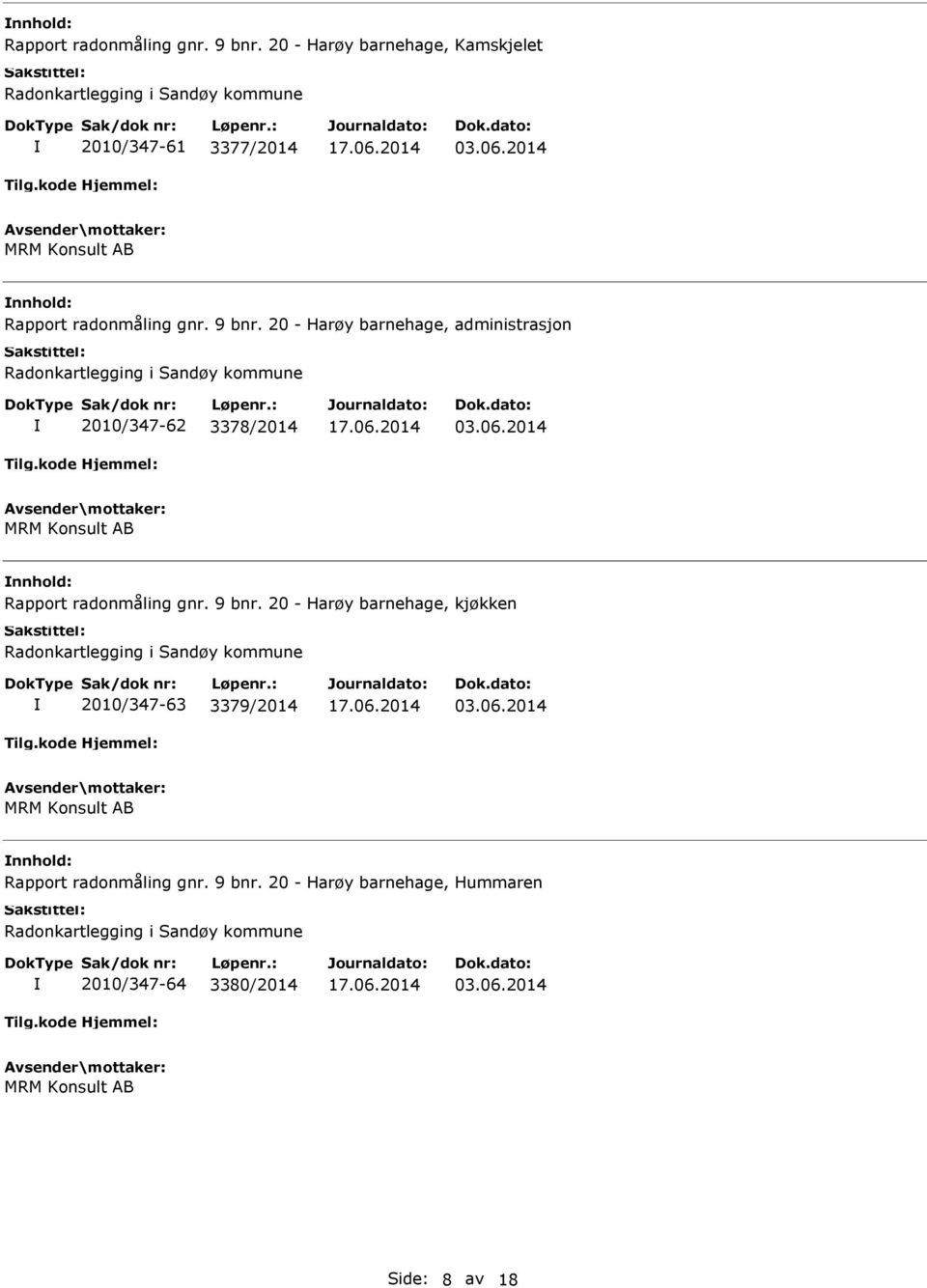 06.2014 MRM Konsult AB Rapport radonmåling gnr. 9 bnr. 20 - Harøy barnehage, kjøkken Radonkartlegging i Sandøy kommune 2010/347-63 3379/2014 03.06.2014 MRM Konsult AB Rapport radonmåling gnr. 9 bnr. 20 - Harøy barnehage, Hummaren Radonkartlegging i Sandøy kommune 2010/347-64 3380/2014 03.