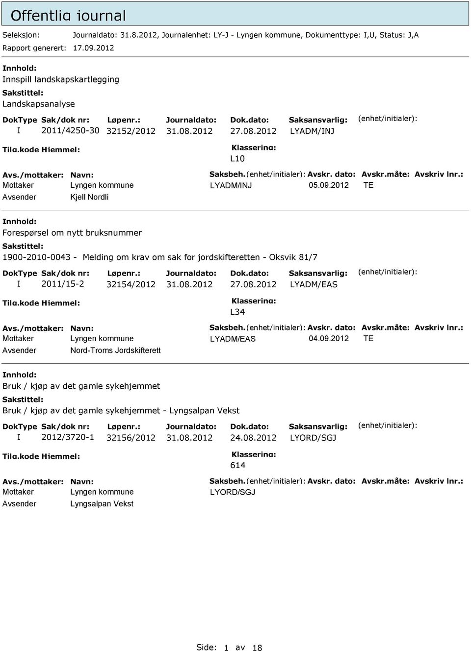 2012 TE Avsender Kjell Nordli nnhold: Forespørsel om nytt bruksnummer 1900-2010-0043 - Melding om krav om sak for jordskifteretten - Oksvik 81/7 2011/15-2 32154/2012 27.08.2012 LYADM/EAS L34 Avs.