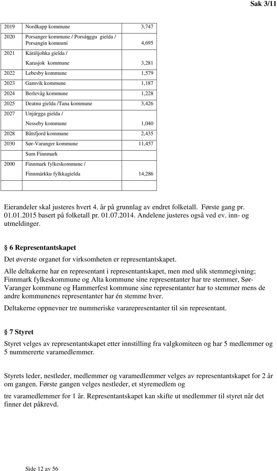 Finnmark fylkeskommune / Finnmárkku fylkkagielda 14,286 Eierandeler skal justeres hvert 4. år på grunnlag av endret folketall. Første gang pr. 01.01.2015 basert på folketall pr. 01.07.2014.