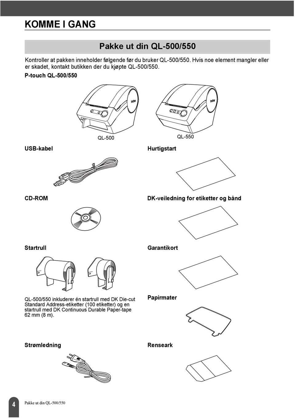 P-touch QL-500/550 QL-500 QL-550 USB-kabel Hurtigstart CD-ROM DK-veiledning for etiketter og bånd Startrull Garantikort QL-500/550