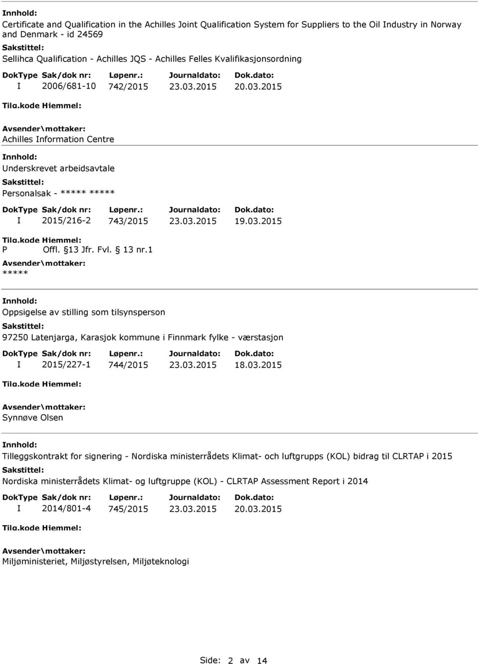 03.2015 Synnøve Olsen Tilleggskontrakt for signering - Nordiska ministerrådets Klimat- och luftgrupps (KOL) bidrag til CLRTA i 2015 Nordiska ministerrådets Klimat- og luftgruppe (KOL) - CLRTA