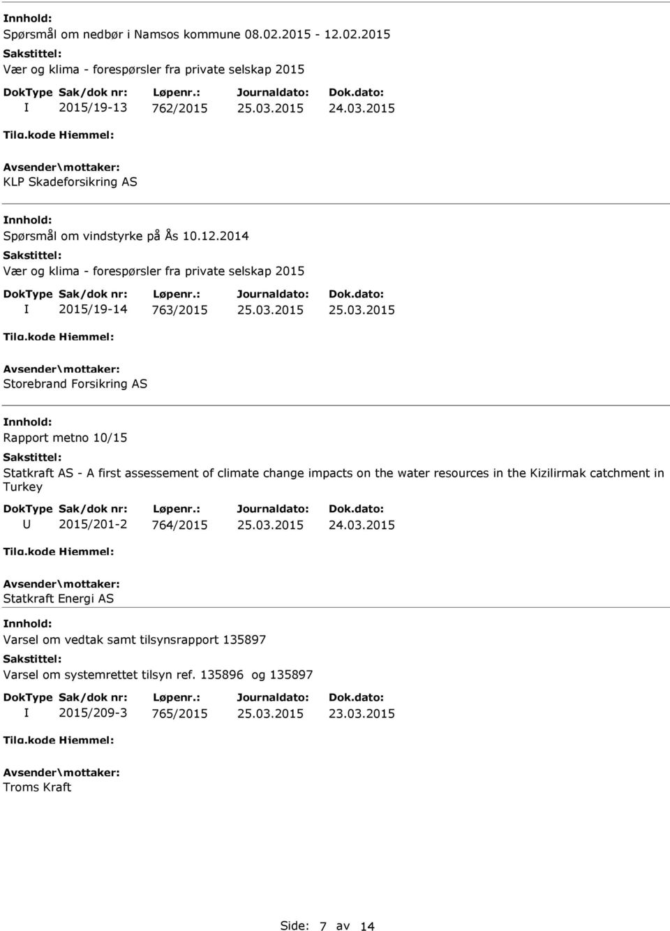 02.2015 Vær og klima - forespørsler fra private selskap 2015 2015/19-13 762/2015 KL Skadeforsikring AS Spørsmål om vindstyrke på Ås 10.12.