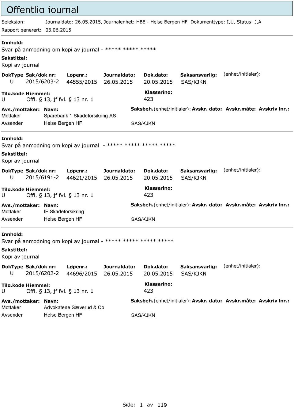 2015 SAS/KJKN 423 Mottaker Sparebank 1 Skadeforsikring AS SAS/KJKN Svar på anmodning om kopi av journal - ***** ***** ***** ***** Kopi av journal