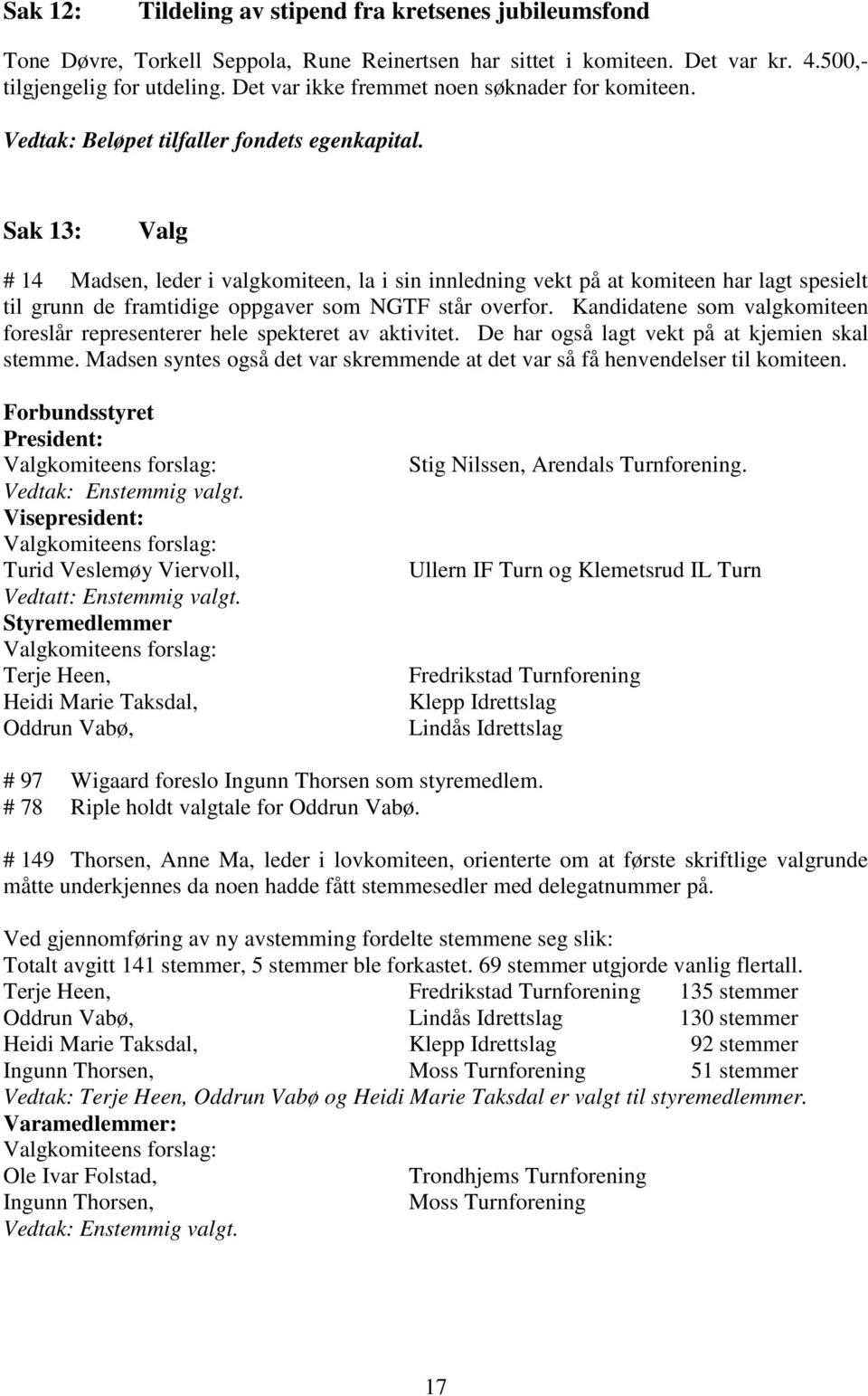 Sak 13: Valg # 14 Madsen, leder i valgkomiteen, la i sin innledning vekt på at komiteen har lagt spesielt til grunn de framtidige oppgaver som NGTF står overfor.