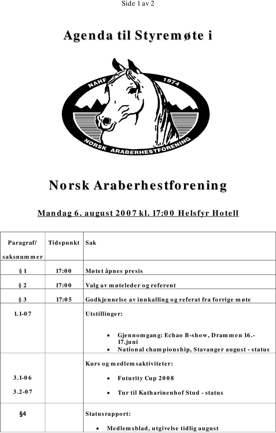 Godkjennelse av innkalling og referat fra forrige møte 1.1-07 Utstillinger: Gjennomgang: Echao B-show, Drammen 16.- 17.