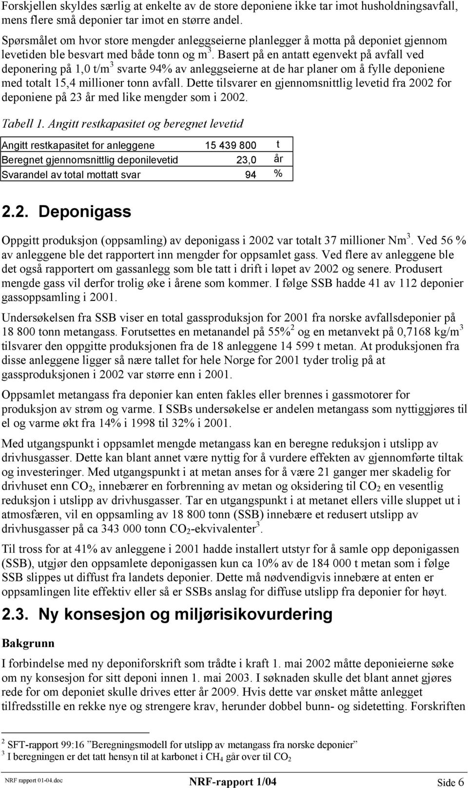 Basert på en antatt egenvekt på avfall ved deponering på 1,0 t/m 3 svarte 94% av anleggseierne at de har planer om å fylle deponiene med totalt 15,4 millioner tonn avfall.