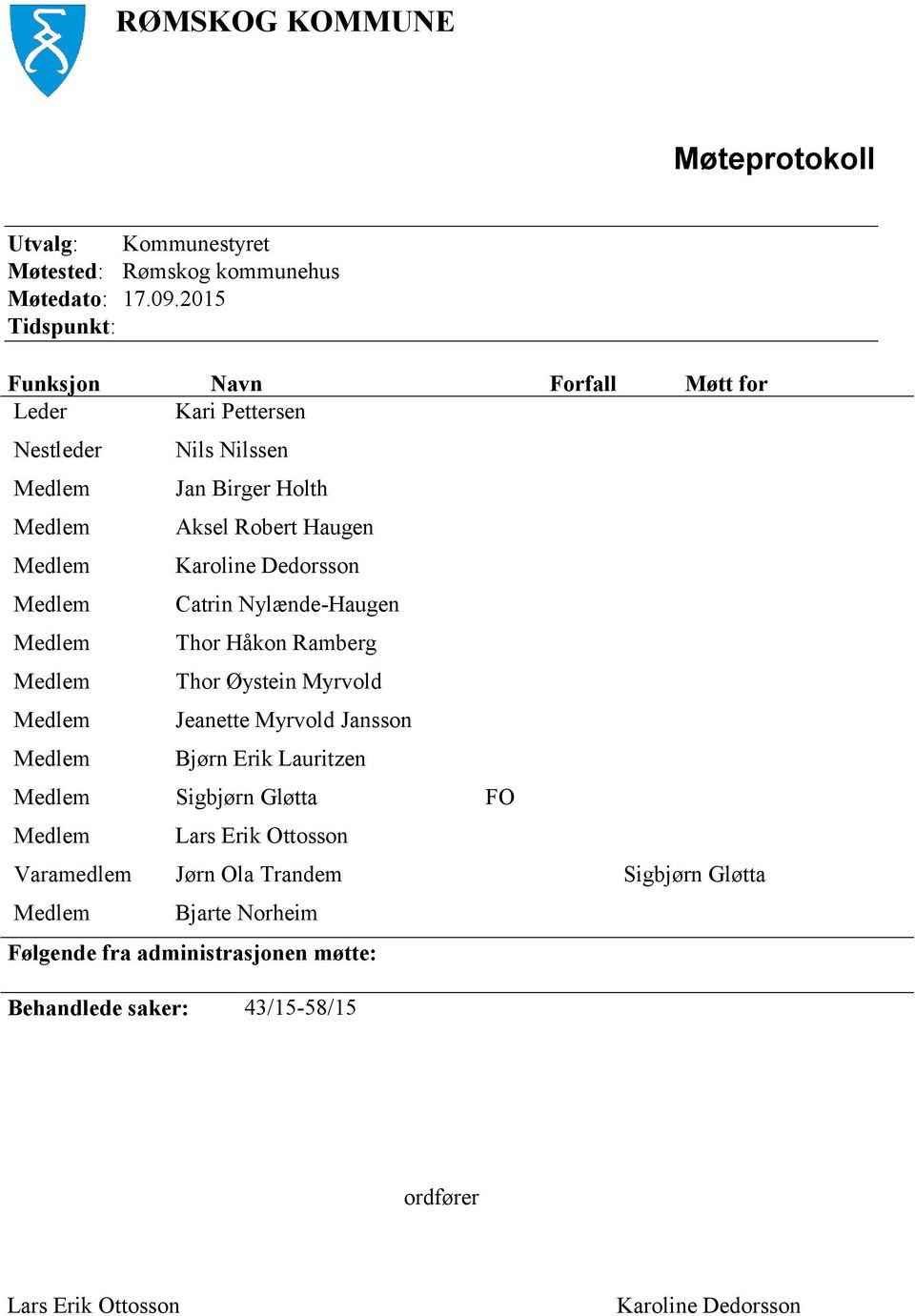 Dedorsson Catrin Nylænde-Haugen Thor Håkon Ramberg Thor Øystein Myrvold Jeanette Myrvold Jansson Bjørn Erik Lauritzen Sigbjørn Gløtta FO