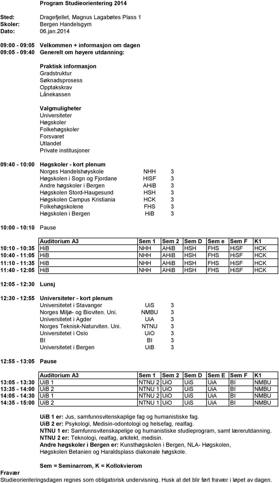 11:10-11:35 HiB NHH AHiB HSH FHS HiSF HCK 11:40-12:05 HiB NHH AHiB HSH FHS HiSF HCK 12:30-12:55 - kort plenum Auditorium A3 Sem 1 Sem 2 Sem D Sem E Sem F K1