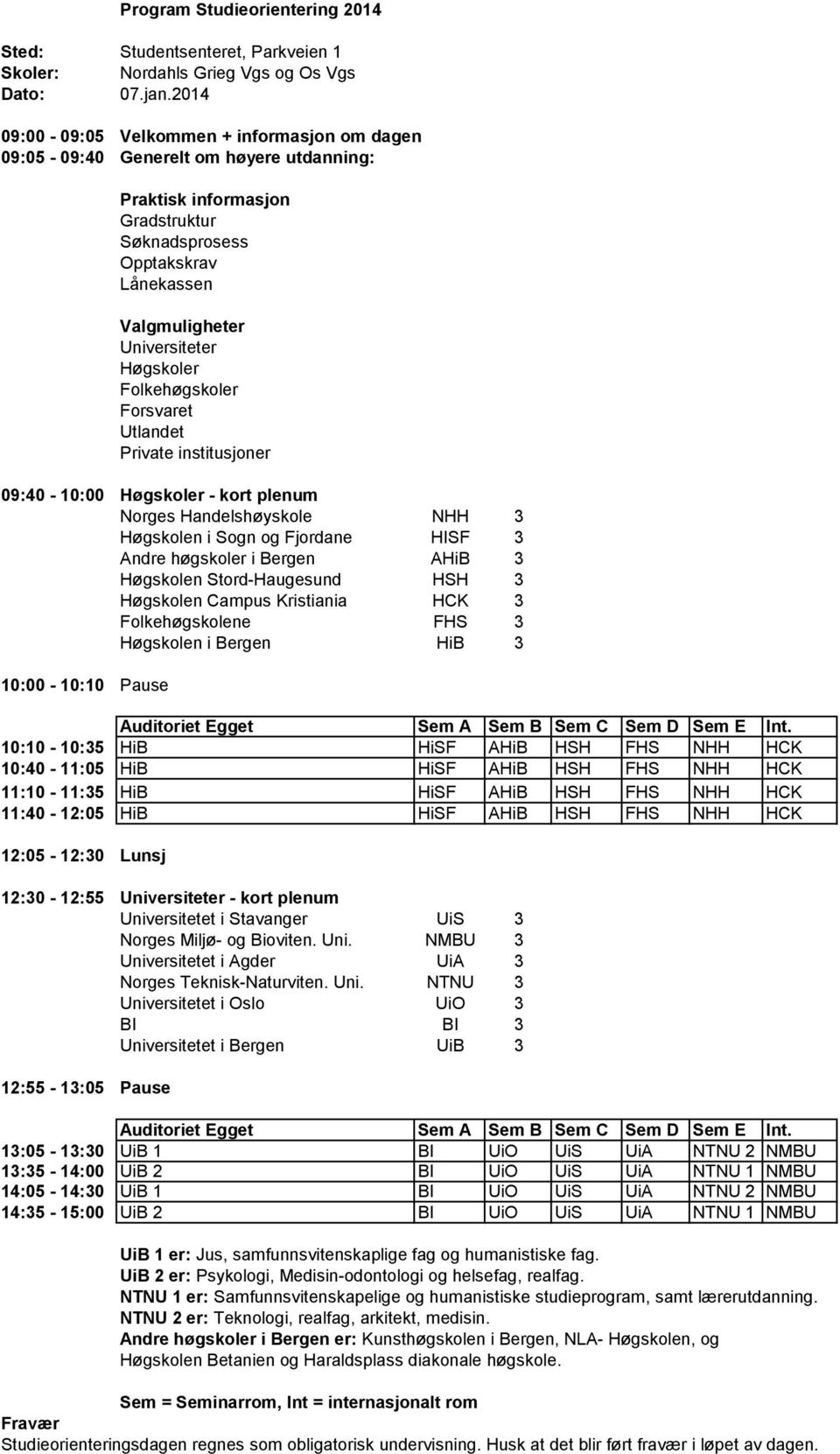 HSH FHS NHH HCK 12:30-12:55 - kort plenum Auditoriet Egget Sem A Sem B Sem C Sem D Sem E Int.