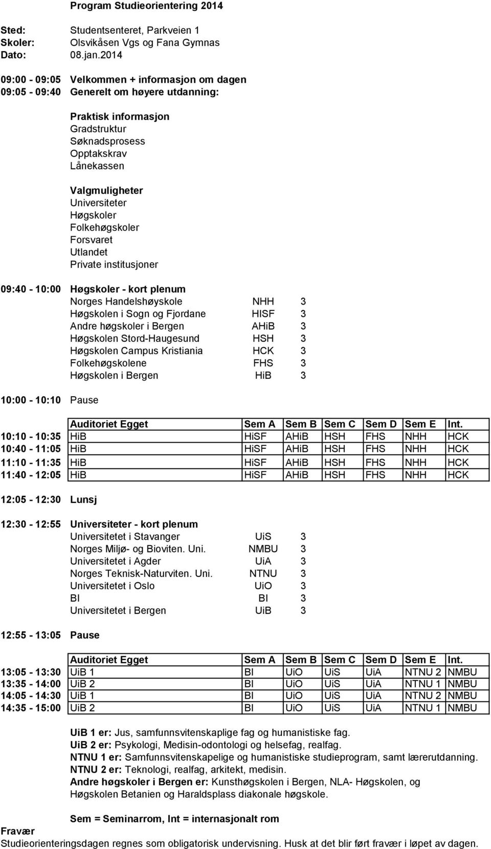 HSH FHS NHH HCK 12:30-12:55 - kort plenum Auditoriet Egget Sem A Sem B Sem C Sem D Sem E Int.