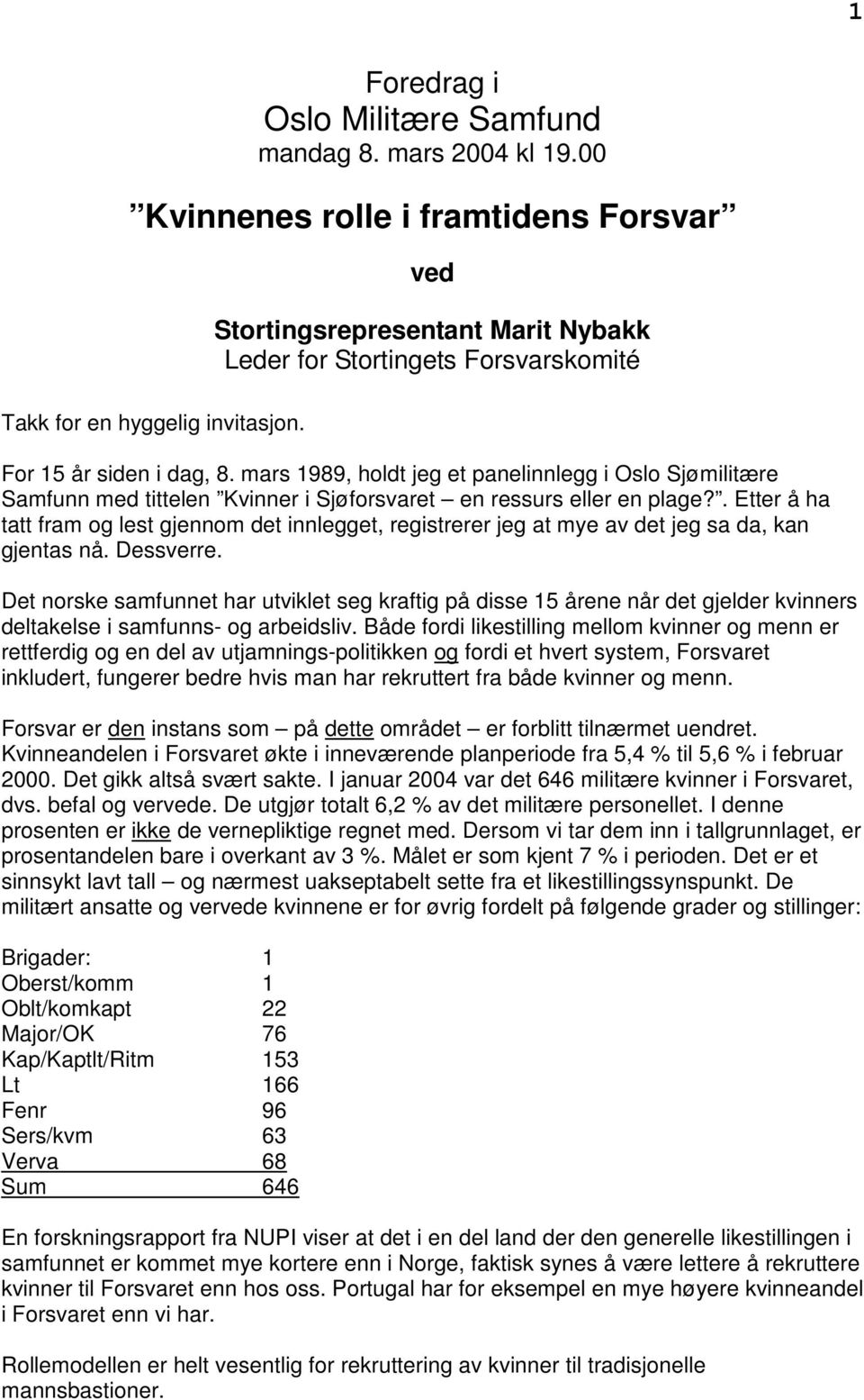 mars 1989, holdt jeg et panelinnlegg i Oslo Sjømilitære Samfunn med tittelen Kvinner i Sjøforsvaret en ressurs eller en plage?