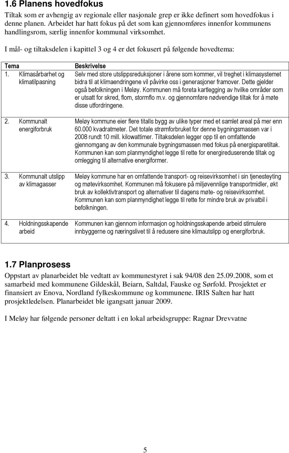 I mål- og tiltaksdelen i kapittel 3 og 4 er det fokusert på følgende hovedtema: Tema 1. Klimasårbarhet og klimatilpasning 2. Kommunalt energiforbruk 3. Kommunalt utslipp av klimagasser 4.