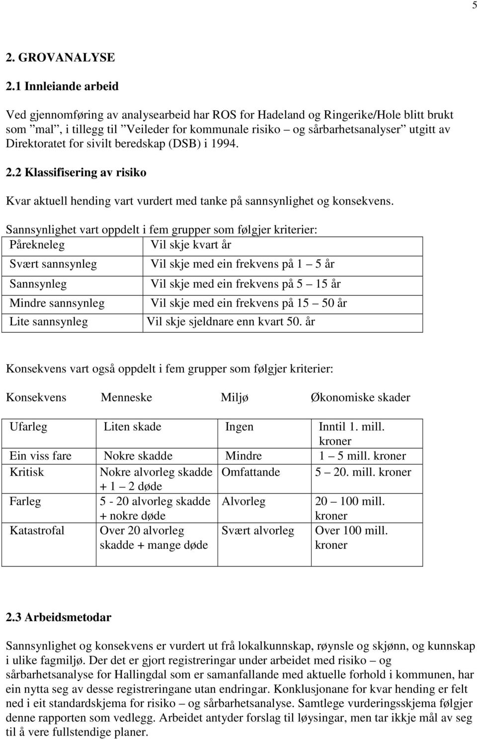 Direktoratet for sivilt beredskap (DSB) i 1994. 2.2 Klassifisering av risiko Kvar aktuell hending vart vurdert med tanke på sannsynlighet og konsekvens.