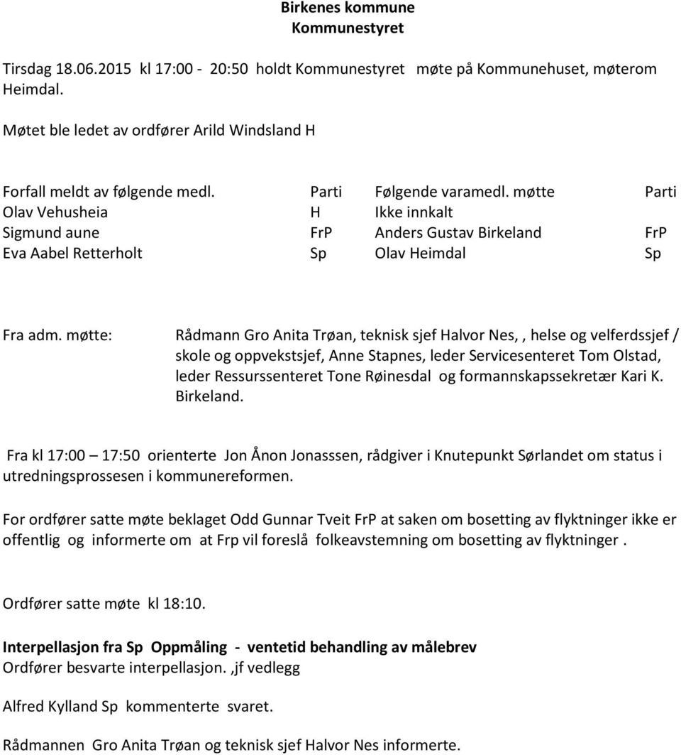 møtte Parti Olav Vehusheia H Ikke innkalt Sigmund aune FrP Anders Gustav Birkeland FrP Eva Aabel Retterholt Sp Olav Heimdal Sp Fra adm.