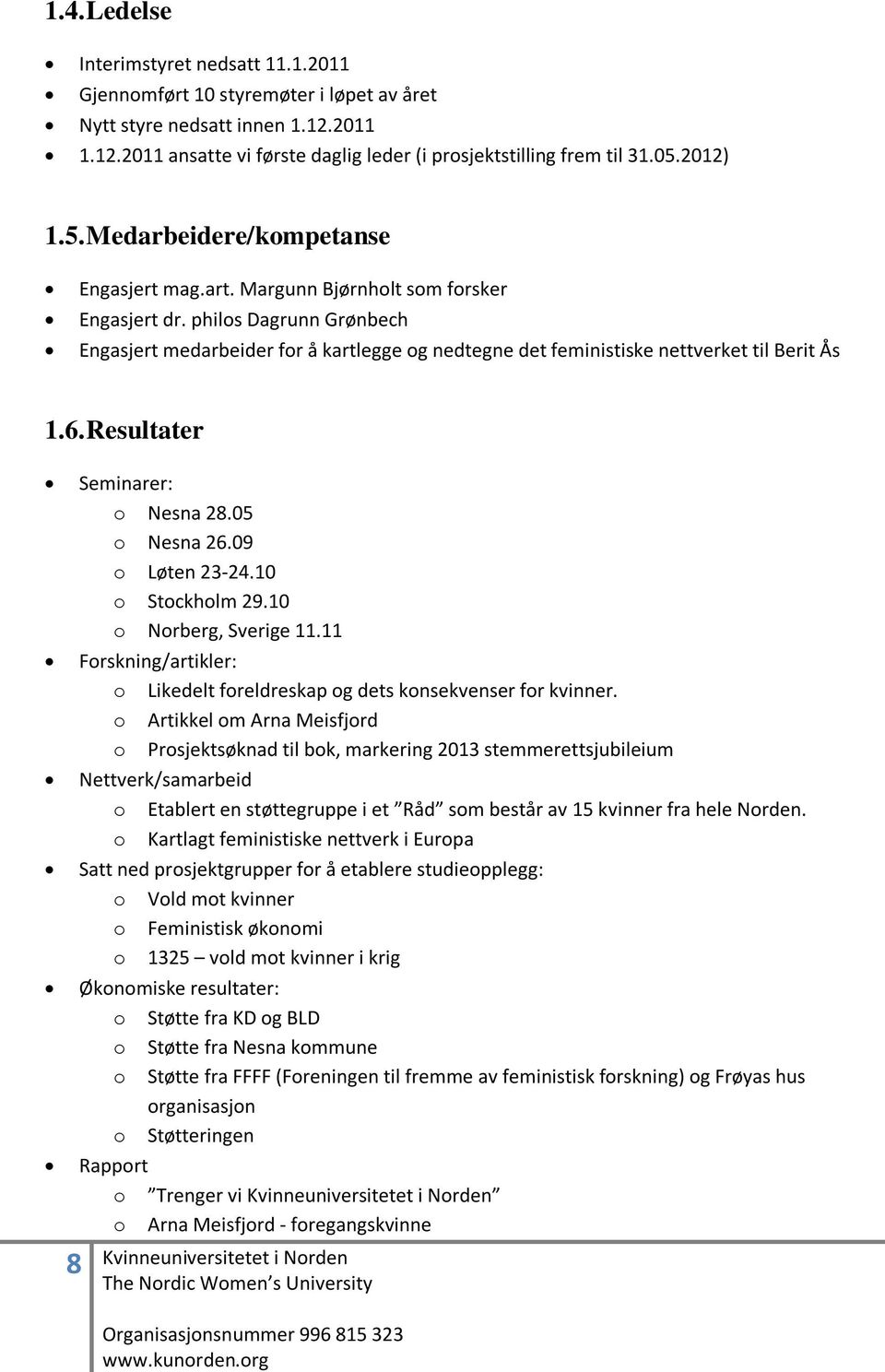 philos Dagrunn Grønbech Engasjert medarbeider for å kartlegge og nedtegne det feministiske nettverket til Berit Ås 1.6. Resultater Seminarer: o Nesna 28.05 o Nesna 26.09 o Løten 23-24.