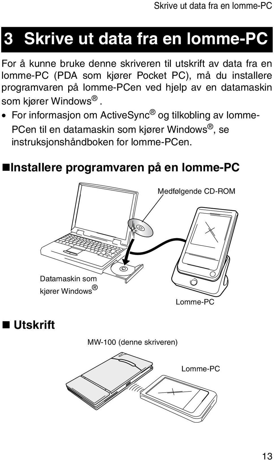 For informasjon om ActiveSync og tilkobling av lomme- PCen til en datamaskin som kjører Windows, se instruksjonshåndboken for
