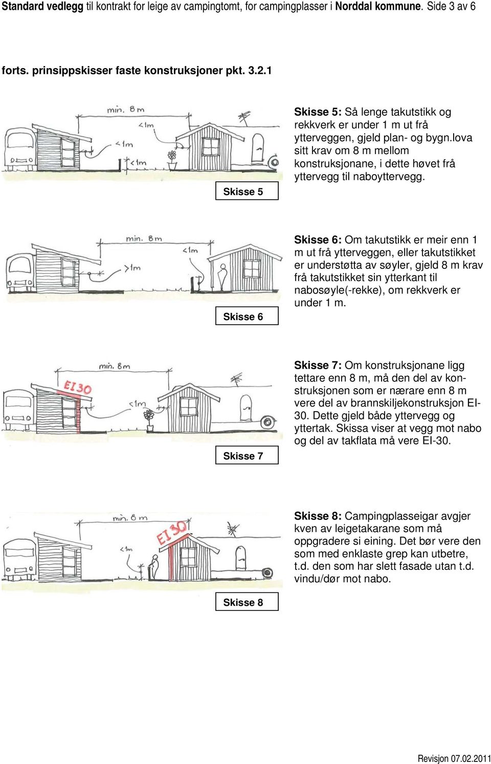 Skisse 6 Skisse 6: Om takutstikk er meir enn 1 m ut frå ytterveggen, eller takutstikket er understøtta av søyler, gjeld 8 m krav frå takutstikket sin ytterkant til nabosøyle(-rekke), om rekkverk er