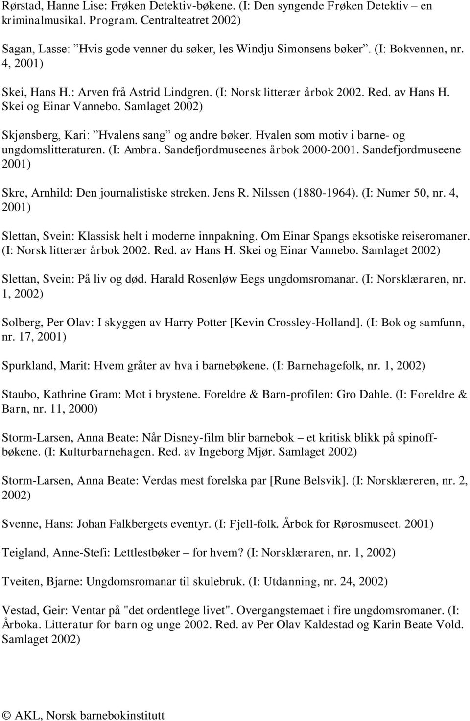 Hvalen som motiv i barne- og ungdomslitteraturen. (I: Ambra. Sandefjordmuseenes årbok 2000-2001. Sandefjordmuseene 2001) Skre, Arnhild: Den journalistiske streken. Jens R. Nilssen (1880-1964).