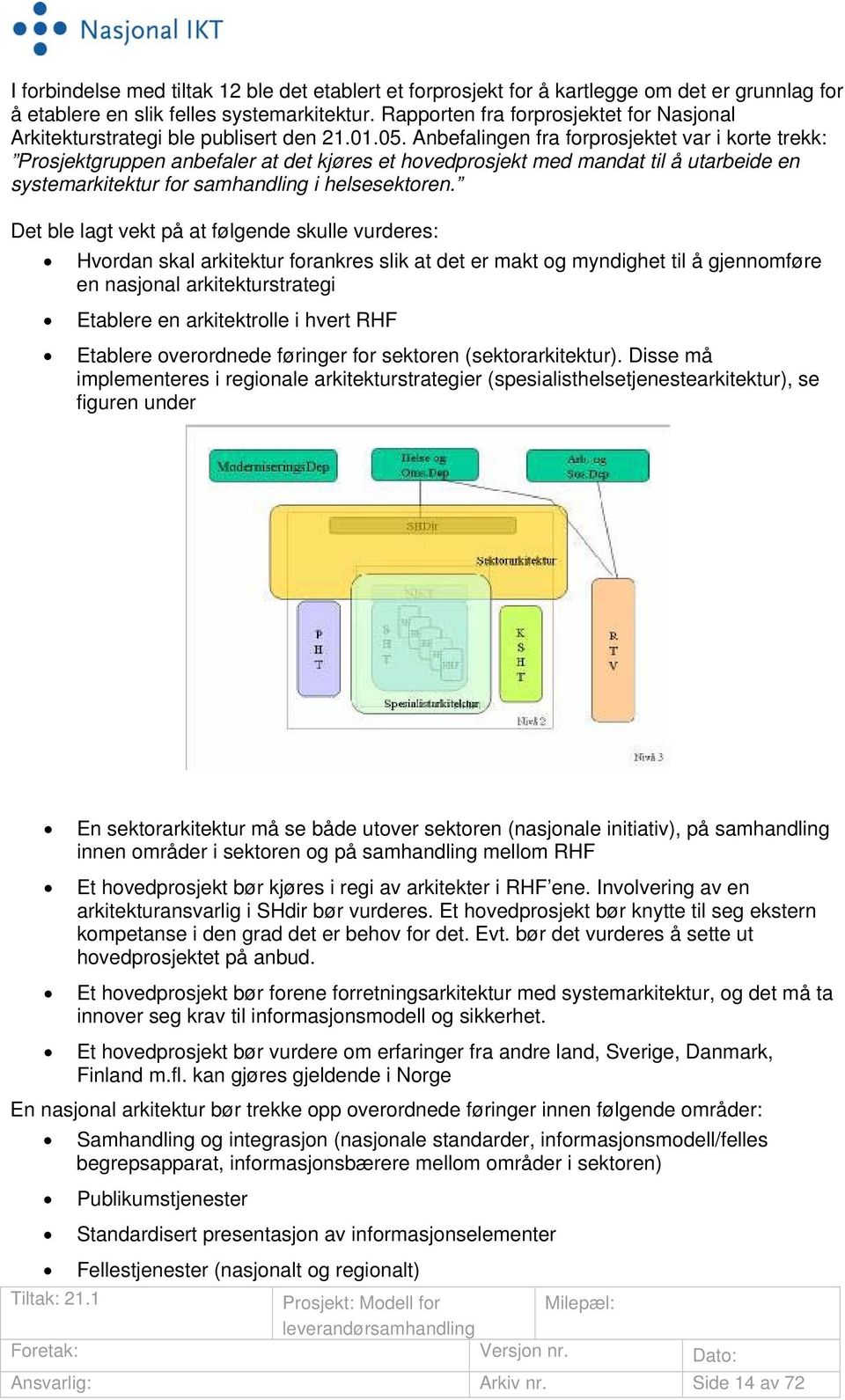 Anbefalingen fra forprosjektet var i korte trekk: Prosjektgruppen anbefaler at det kjøres et hovedprosjekt med mandat til å utarbeide en systemarkitektur for samhandling i helsesektoren.