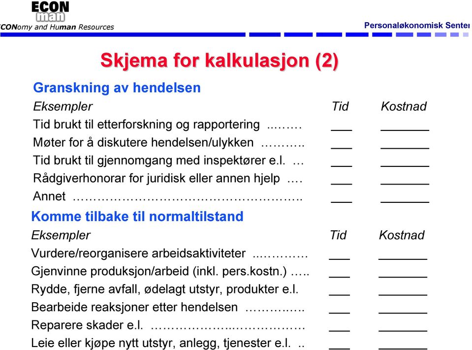 . Komme tilbake til normaltilstand Eksempler Tid Kostnad Vurdere/reorganisere arbeidsaktiviteter.. Gjenvinne produksjon/arbeid (inkl. pers.kostn.).