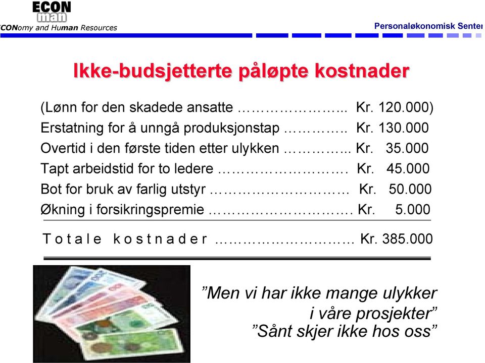 000 Tapt arbeidstid for to ledere. Kr. 45.000 Bot for bruk av farlig utstyr Kr. 50.