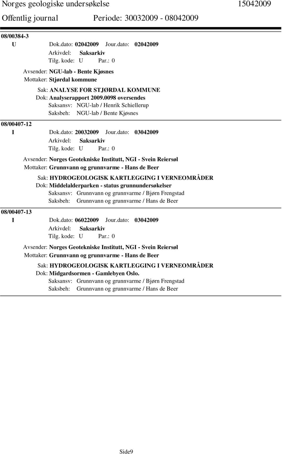 dato: 03042009 Avsender: Norges Geotekniske Institutt, NGI - Svein Reiersøl Mottaker: Grunnvann og grunnvarme - Hans de Beer Sak: HYDROGEOLOGISK KARTLEGGING I VERNEOMRÅDER Dok: Middelalderparken -