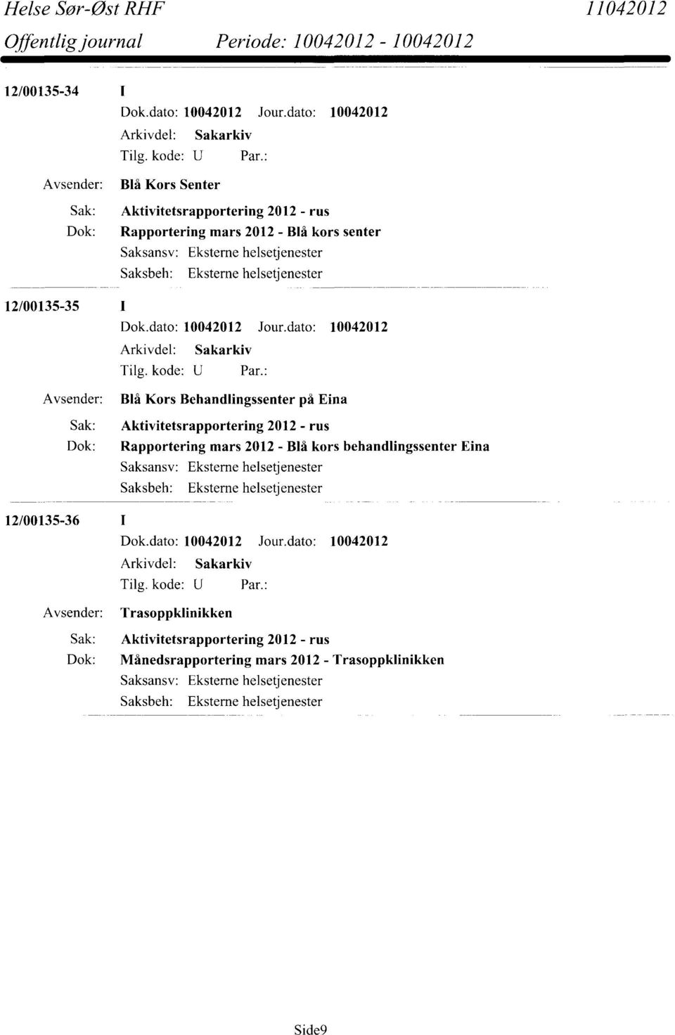 Sak: Aktivitetsrapportering 2012 - rus Dok: Rapportering mars 2012 - Blå kors behandlingssenter Eina 12/00135-36