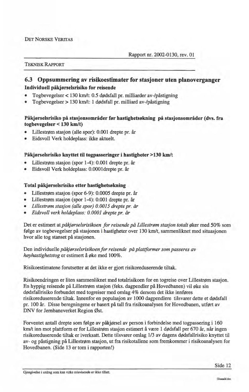 fra togbevegelser < 130 km/t) Lillestrøm stasjon (alle spor): 0.001 drepte pr. år Eidsvoll Verk holdeplass: ikke aktuelt.