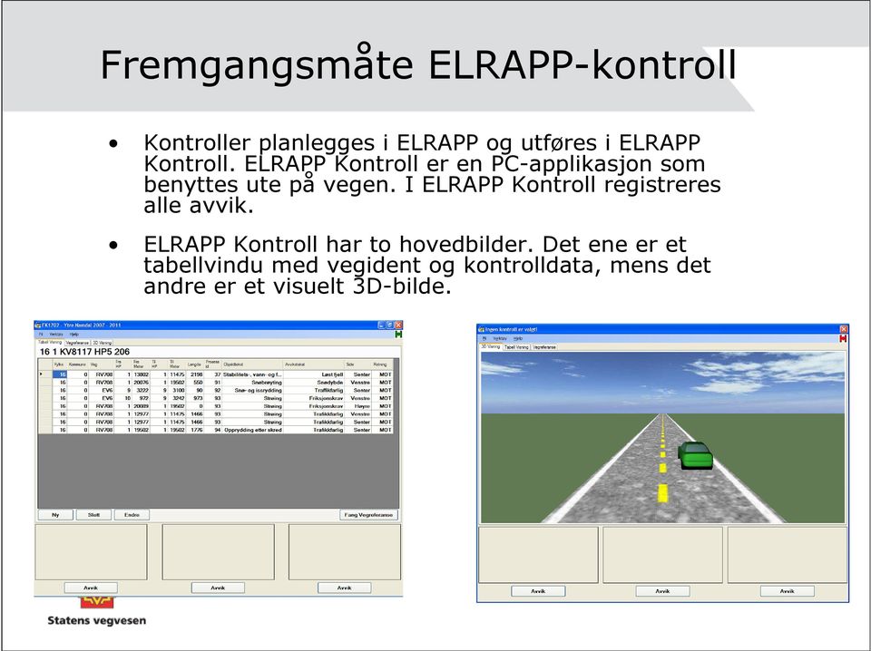 I ELRAPP Kontroll registreres alle avvik. ELRAPP Kontroll har to hovedbilder.