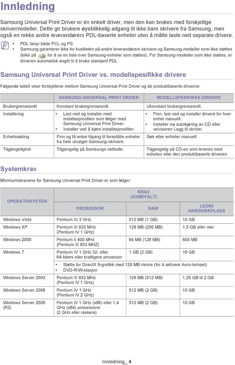 Samsung garanterer ikke for kvaliteten på andre leverandørers skrivere og Samsung-modeller som ikke støttes (klikk på for å se en liste over Samsung-enheter som støttes).