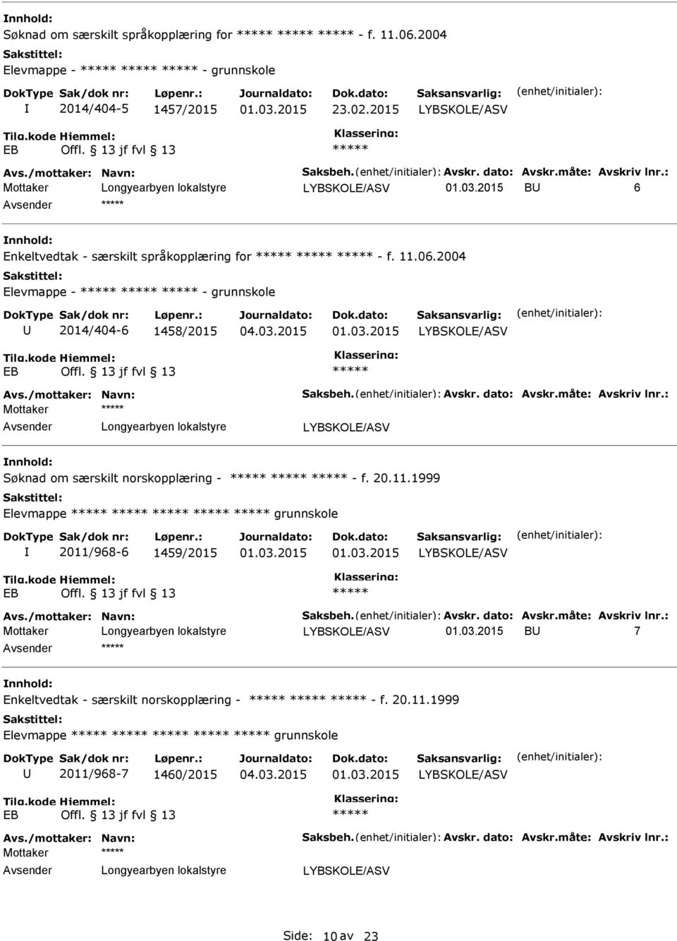 03.2015 01.03.2015 Avs./mottaker: Navn: Saksbeh. Avskr. dato: Avskr.måte: Avskriv lnr.: 01.03.2015 B 7 Enkeltvedtak - særskilt norskopplæring - - f. 20.11.