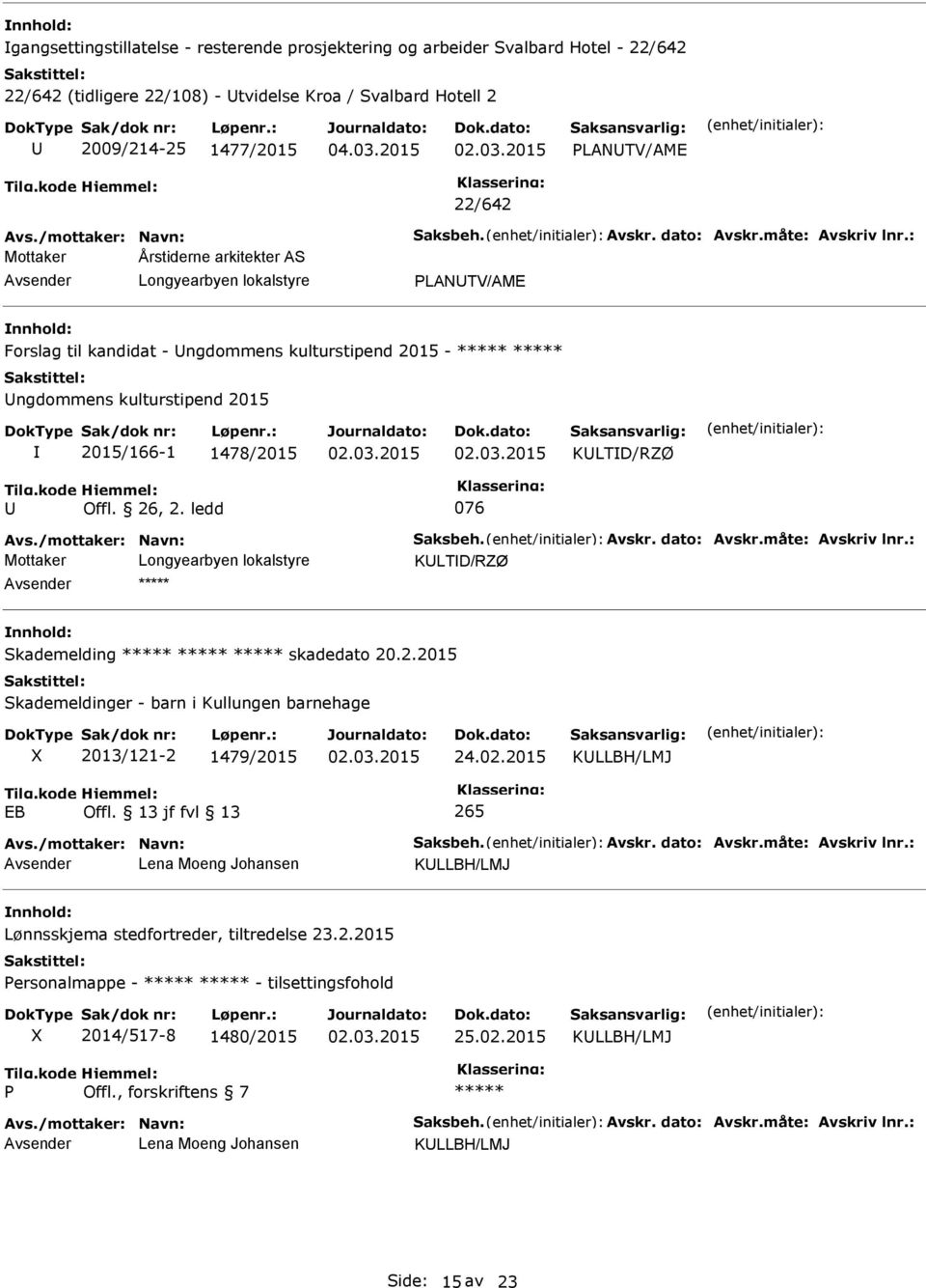 : Mottaker Årstiderne arkitekter AS PLANTV/AME Forslag til kandidat - ngdommens kulturstipend 2015 - ngdommens kulturstipend 2015 2015/166-1 1478/2015 KLTD/RZØ Offl. 26, 2. ledd 076 Avs.