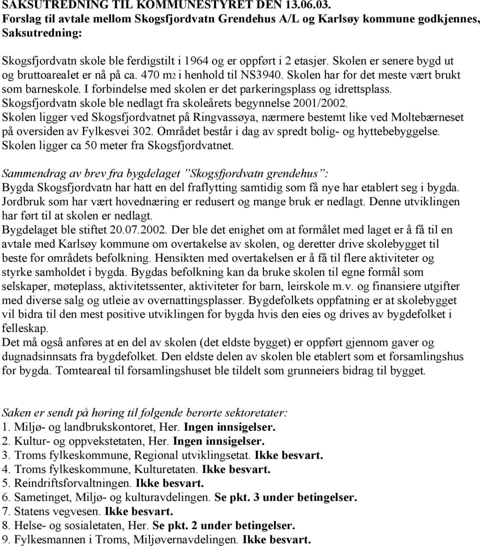 Skolen er senere bygd ut og bruttoarealet er nå på ca. 470 m2 i henhold til NS3940. Skolen har for det meste vært brukt som barneskole. I forbindelse med skolen er det parkeringsplass og idrettsplass.