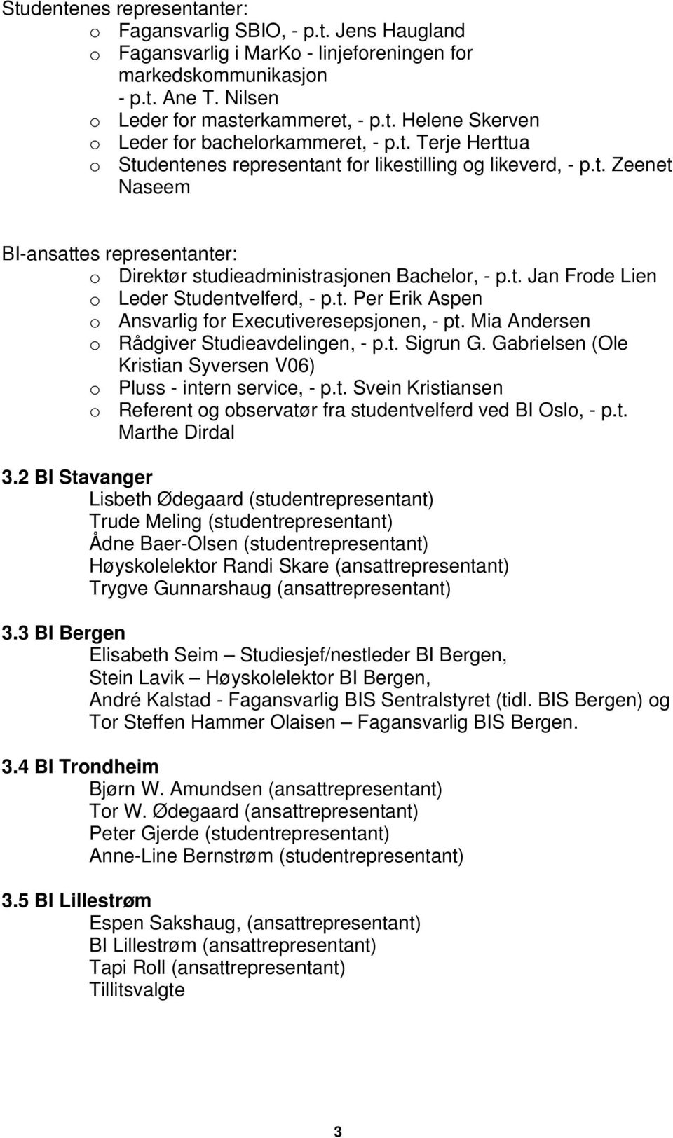 t. Per Erik Aspen o Ansvarlig for Executiveresepsjonen, - pt. Mia Andersen o Rådgiver Studieavdelingen, - p.t. Sigrun G. Gabrielsen (Ole Kristian Syversen V06) o Pluss - intern service, - p.t. Svein Kristiansen o Referent og observatør fra studentvelferd ved BI Oslo, - p.