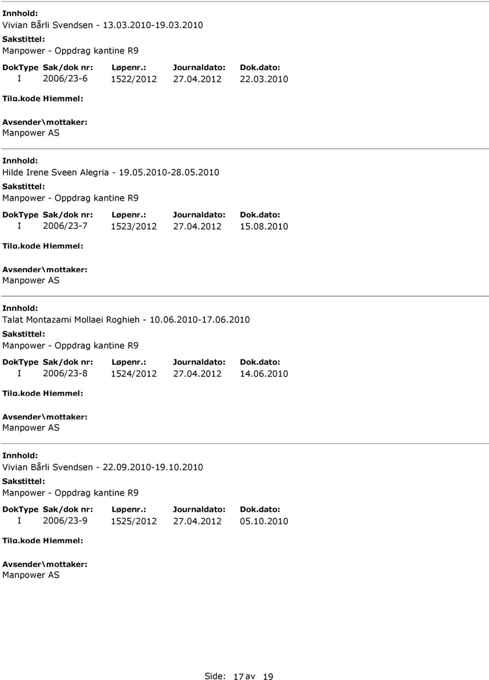 2010 Talat Montazami Mollaei Roghieh - 10.06.2010-17.06.2010 Manpower - Oppdrag kantine R9 2006/23-8 1524/2012 14.