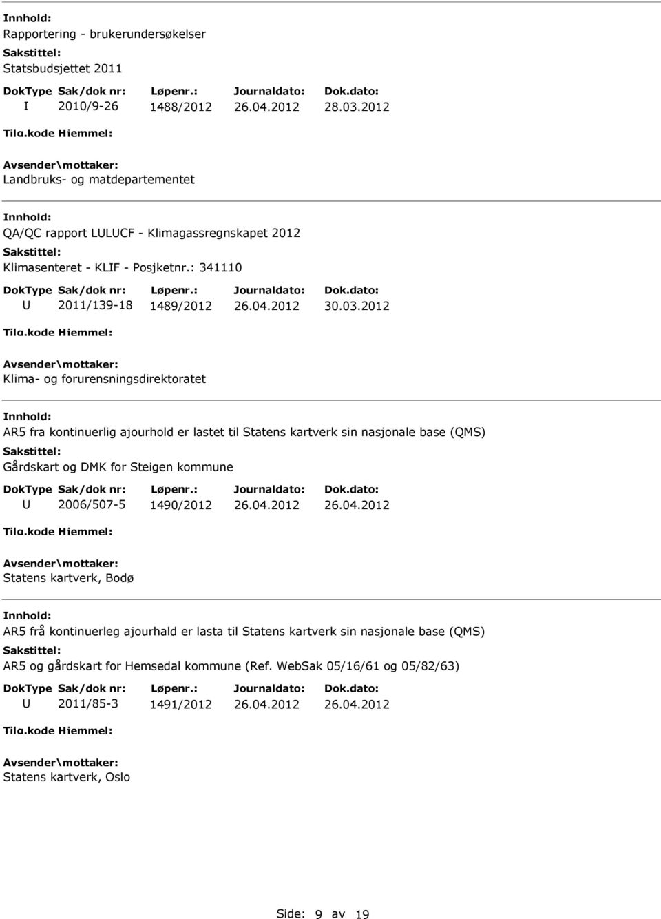 2012 Klima- og forurensningsdirektoratet AR5 fra kontinuerlig ajourhold er lastet til Statens kartverk sin nasjonale base (QMS) Gårdskart og DMK for Steigen kommune