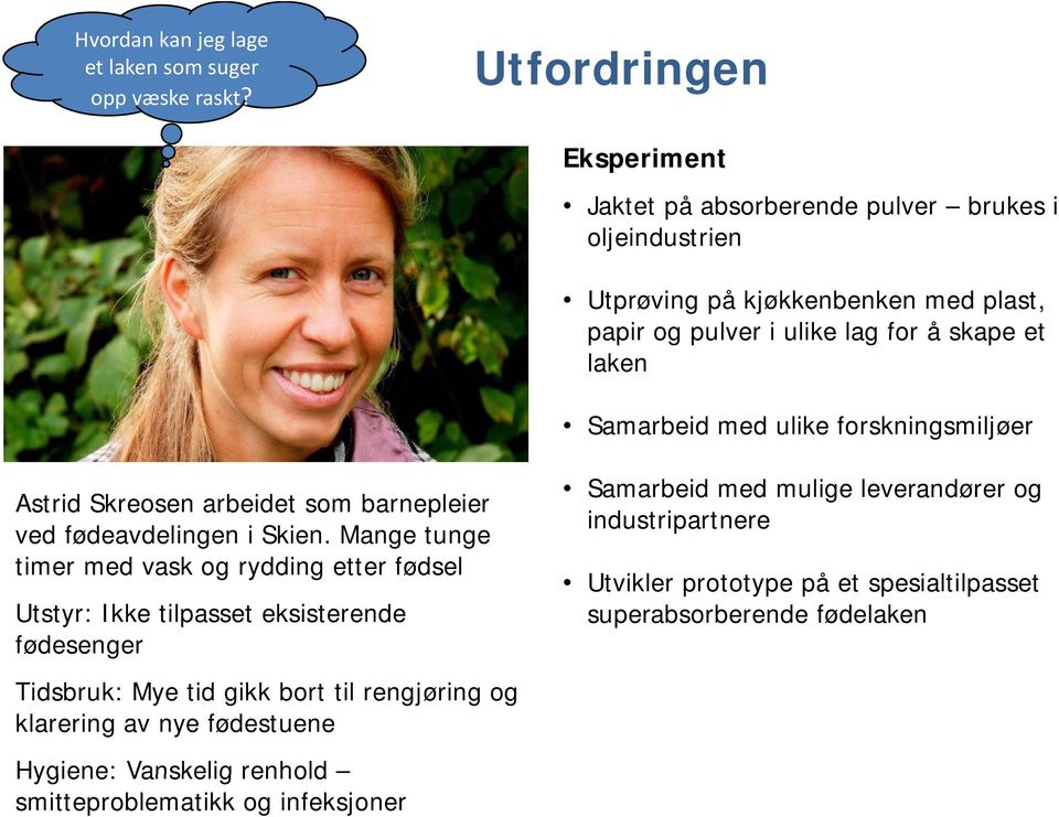 med ulike forskningsmiljøer Astrid Skreosen arbeidet som barnepleier ved fødeavdelingen i Skien.