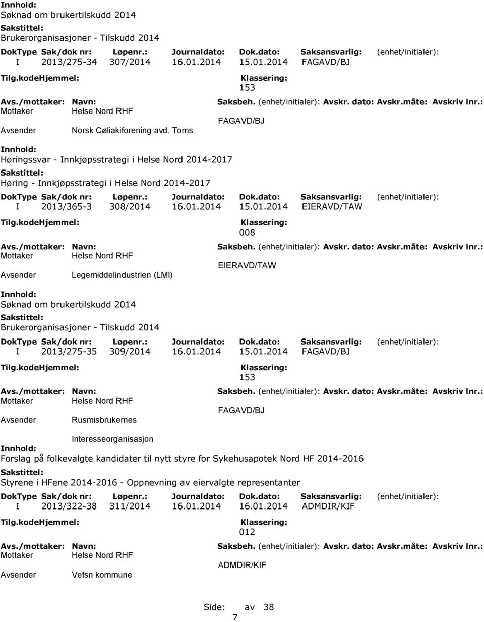 -2017 Høring - Innkjøpsstrategi i Helse Nord 2014-2017 I 2013/365-3 308/2014 16.01.2014 15.01.2014 EIERAVD/TAW Legemiddelindustrien (LMI) 008 EIERAVD/TAW Søknad om brukertilskudd 2014 Brukerorganisasjoner - Tilskudd 2014 I 2013/275-35 309/2014 16.