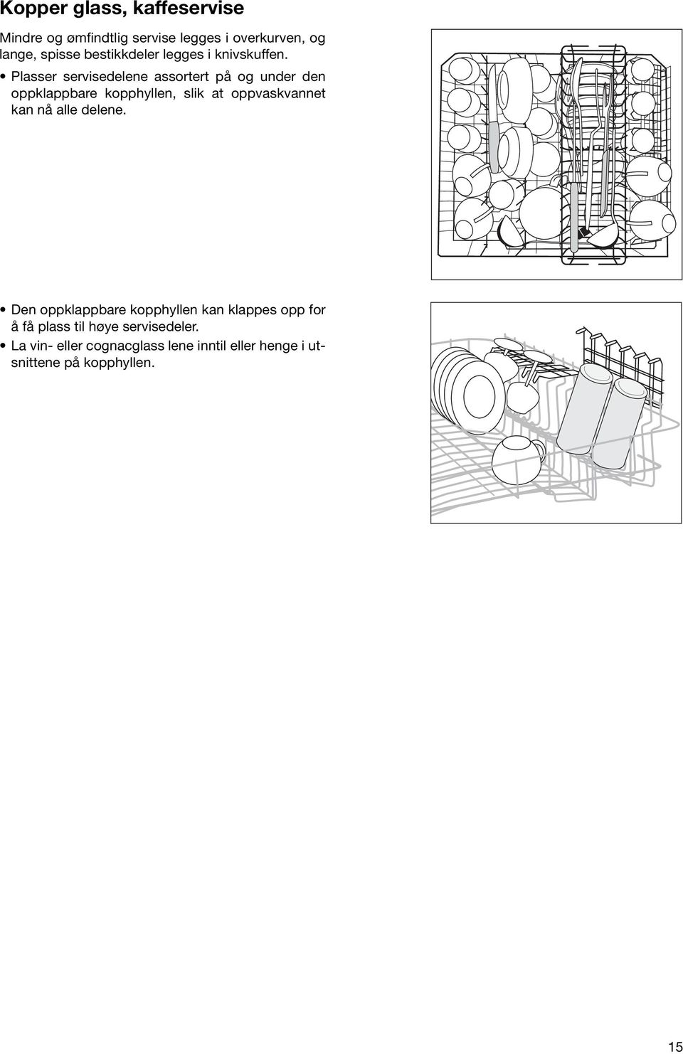 Plasser servisedelene assortert på og under den oppklappbare kopphyllen, slik at oppvaskvannet kan nå