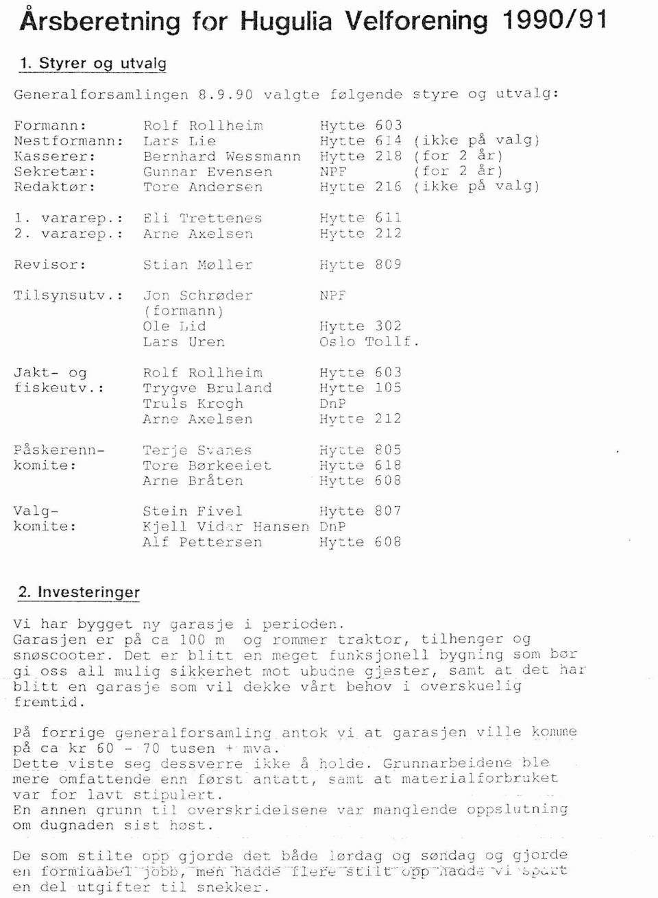 Bernhard Wessmann Hytte 21 (for 2 år) Gunnar Evensen NPF (for 2 år) Tore Andersen Hytte 216 (ikke på valg 1. vararep. 2. vararep. Eli Arne Trettenes Axelsen Hytte 611 Hytte 212 Revisor: Tilsynsutv.