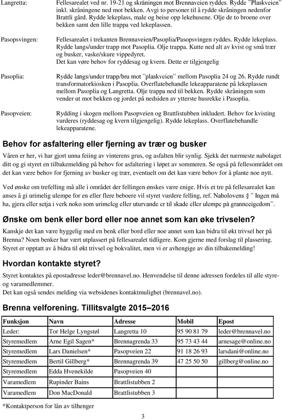 Fellesarealet i trekanten Brennaveien/Pasoplia/Pasopsvingen ryddes. Rydde lekeplass. Rydde langs/under trapp mot Pasoplia. Olje trappa.