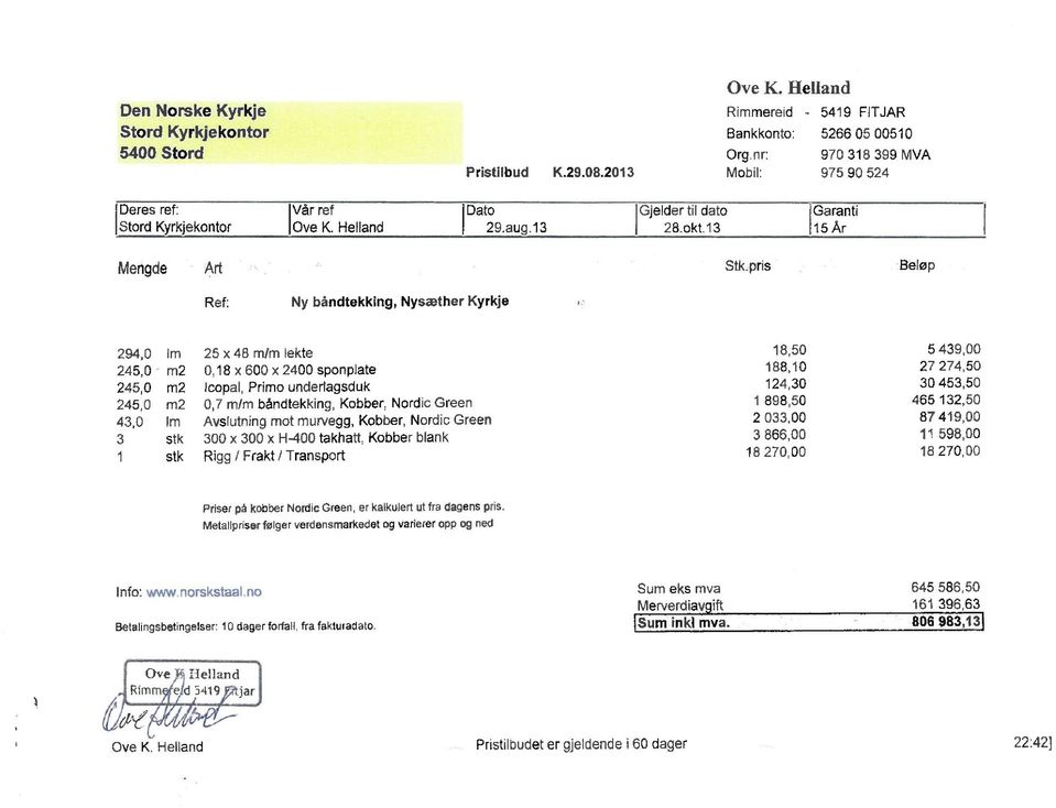 ekontor Vår ref Dato Gjelder til dato Garanti Ove K. Helland 29.au.13 28.okt.