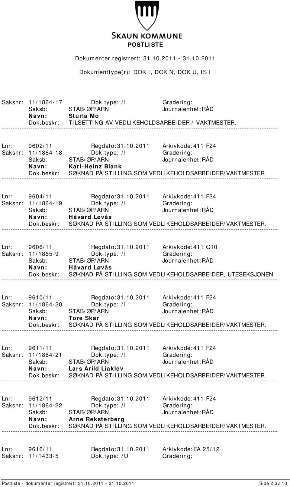 type: /I Gradering: Håvard Løvås SØKNAD PÅ STILLING SOM VEDLIKEHOLDSARBEIDER/VAKTMESTER. Lnr: 9606/11 Regdato:31.10.2011 Arkivkode:411 Q10 Saksnr: 11/1865-9 Dok.