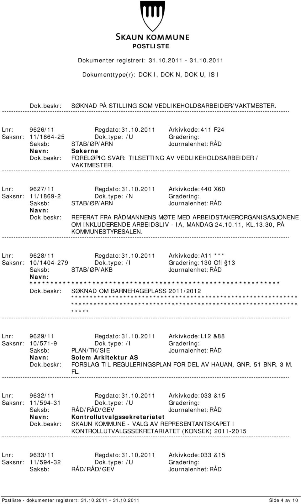 type: /N Gradering: REFERAT FRA RÅDMANNENS MØTE MED ARBEIDSTAKERORGANISASJONENE OM INKLUDERENDE ARBEIDSLIV - IA, MANDAG 24.10.11, KL.13.30, PÅ KOMMUNESTYRESALEN. Lnr: 9628/11 Regdato:31.10.2011 Arkivkode:A11 *** Saksnr: 10/1404-279 Dok.