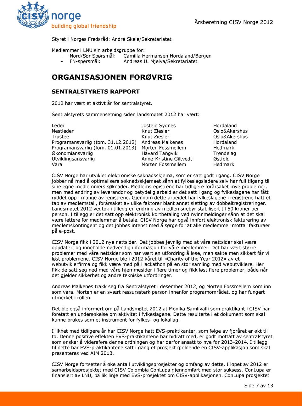 Sentralstyrets sammensetning siden landsmøtet 2012 har vært: Leder Jostein Sydnes Hordaland Nestleder Knut Ziesler Oslo&Akershus Trustee Knut Ziesler Oslo&Akershus Programansvarlig (tom. 31.12.2012) Andreas Malkenes Hordaland Programansvarlig (fom.