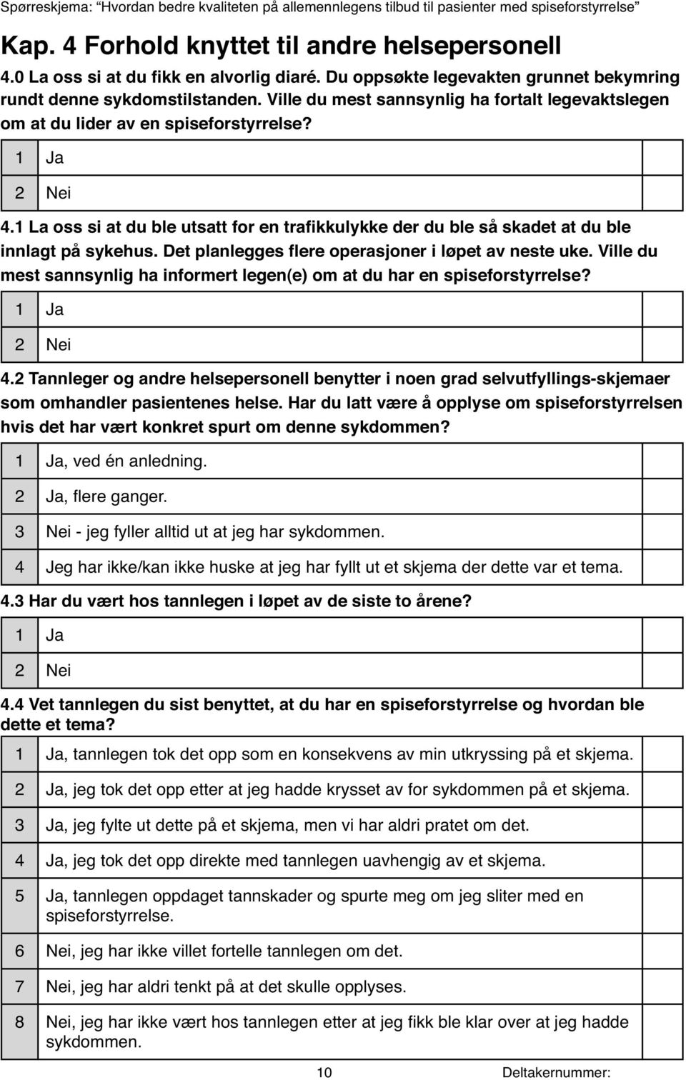 1 L oss si t u l utstt for n trfikkulykk r u l så skt t u l innlgt på sykhus. Dt plnlggs flr oprsjonr i løpt v nst uk. Vill u mst snnsynlig h informrt lgn() om t u hr n spisforstyrrls? 4.