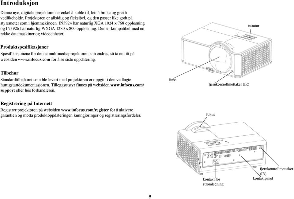 tastatur Produktspesifikasjoner Spesifikasjonene for denne multimediaprojektoren kan endres, så ta en titt på websiden www.infocus.com for å se siste oppdatering.